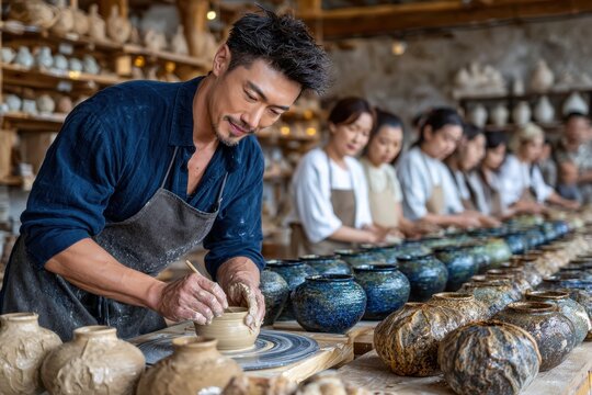 Skilled potter demonstrates craftsmanship in a workshop with eager students watching closely