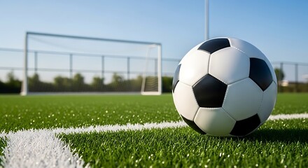 Classic black and white soccer ball resting on green artificial turf field under clear blue sky