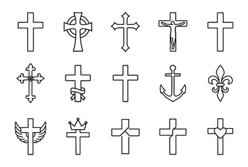 Collection of cross designs in outline style with religious and symbolic variations