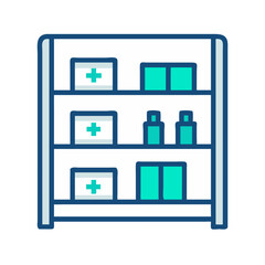 Pharmacy shelf filled with medications and first aid supplies