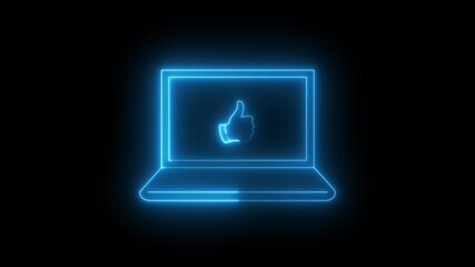 Glowing neon line online-review with computer monitor icon animation. A laptop screen displays colorful social media icons bursting with emojis, Social Network Like Animated Icon black background - Powered by Adobe