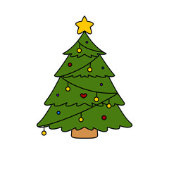 A green Christmas tree with a star on top and a heart on the bottom