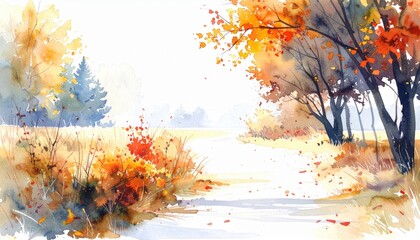 Vibrant Autumn Landscape, Capturing the Beauty of the Season with a Watercolor Touch