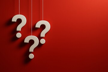 Three dimensional question marks hanging against a bright red background conceptualizing queries