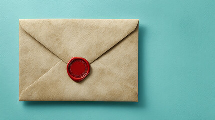 Elegant beige envelope sealed with red wax stamp, placed on a clean teal background