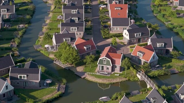 Aerial view of dutch holiday houses nearby Amsterdam, summer vacation homes by the water