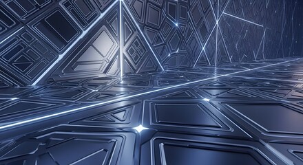 Abstract futuristic background with geometric shapes and glowing lines.