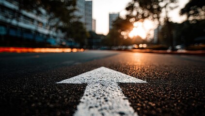 A directional arrow highlights a city street at sunset, guiding the viewer forward.