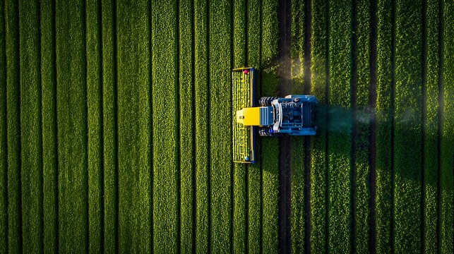 Aerial view of a modern tractor harvesting vibrant green fields.