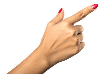 Woman's hand pointing with bright pink fingernails isolated on a transparent background