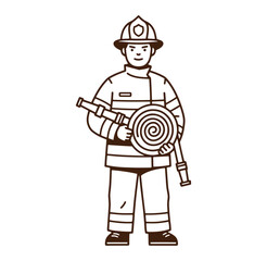 Illustrated firefighter holding a rolled fire hose ready for emergency response
