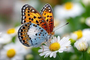 Obraz premium Colorful butterfly resting on a daisy in a vibrant garden during springtime
