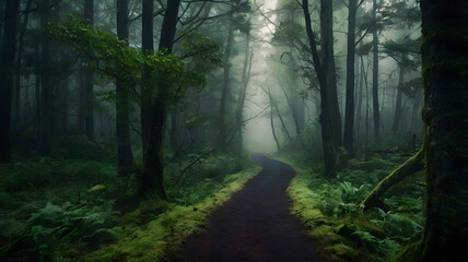 Obraz premium Mysterious Foggy Forest Path in Deep Green Woods
