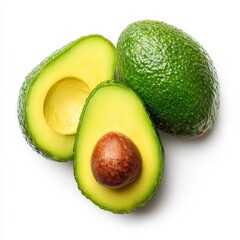 A close-up shot of three fresh, green avocados. One avocado is whole, while the others are sliced in half, showcasing the vibrant green flesh and the seed