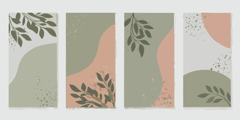 Set of four abstract vertical backgrounds with organic shapes and botanical leaf illustrations in muted earth tones