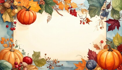 an autumnal harvest illustration with pumpkins, leaves, and berries frame a blank banner 