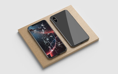 Cracked Smashed Screen Mobile Phones - Broken Screen Mobiles on white background