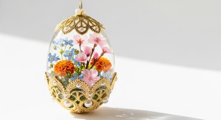 Decorative Easter Egg with Delicate Floral Arrangement and Golden Accents