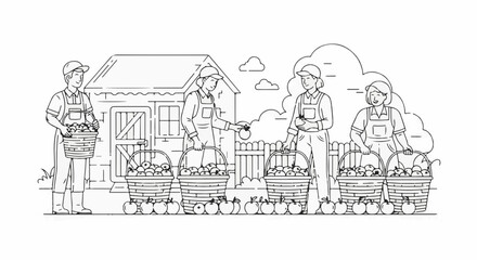 Obraz premium Farmers harvesting apples during autumn, with a group of workers gathering fruit in baskets. Apple harvesting shows dedication in rural scenery, with diligent employees in line.