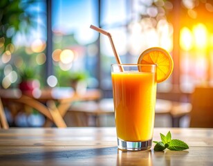 Glass of fresh orange juice with a straw and orange slice, on a wooden table with bright, sunny background.