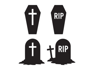 &ldquo;Coffin and tombstone silhouette set with cross, RIP symbols, and graveyard Halloween vector elements.&rdquo;