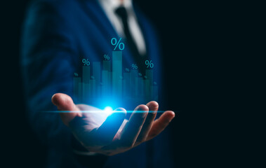 A Businessman showing percentage graph, Mortgage interest rate growth, rate increases. Retirement,...