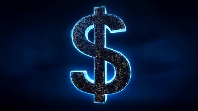 Dynamic 3D dollar sign glowing with electric blue energy representing digital currency and modern fintech innovation in futuristic digital economy visualization
