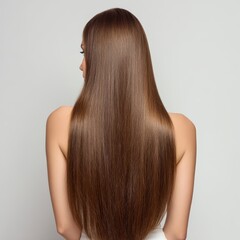 Fototapeta premium A woman with long, straight, brown hair, seen from the back. Her hair is shiny and sleek, cascading down her back, portraying a sense of beauty and elegance