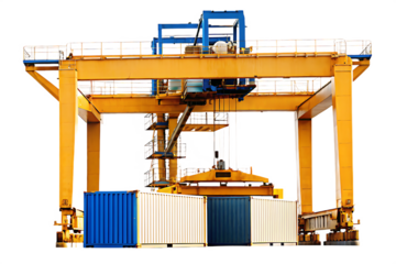 Yellow and blue gantry crane with shipping containers isolated on a transparent background