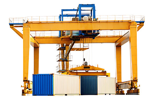 Yellow and blue gantry crane with shipping containers isolated on a transparent background