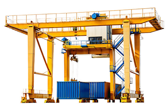 Yellow gantry crane lifting blue shipping containers isolated on a transparent background