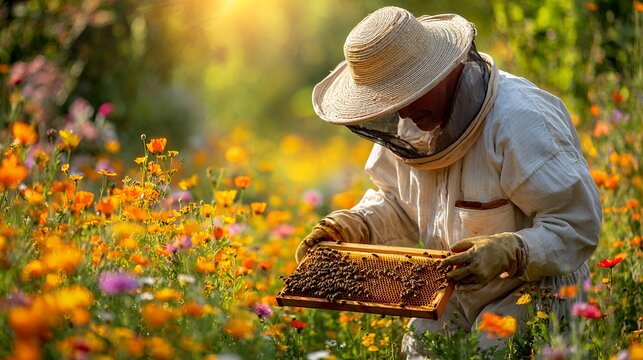 Male beekeeper examining a honeycomb frame in vibrant wildflower garden at sunset.