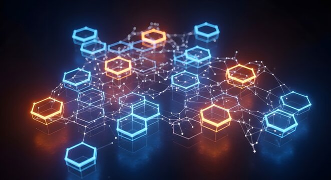 Abstract digital network of glowing hexagonal nodes connected by lines, representing data flow and connectivity in a futuristic technological concept.