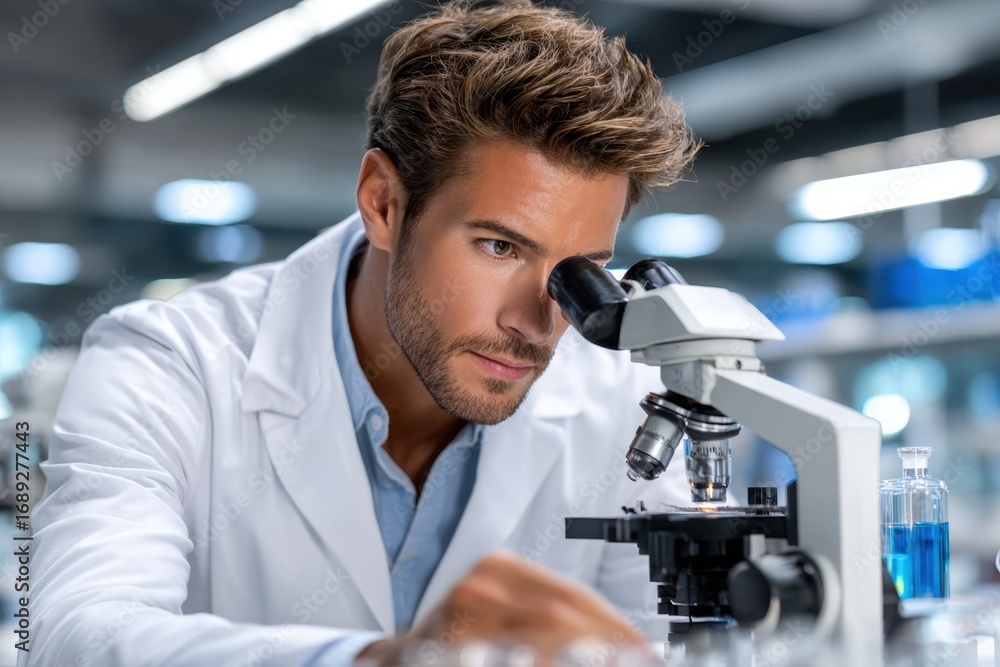 Poster scientist examines samples closely under microscope in modern laboratory setting
