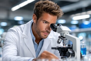 Scientist examines samples closely under microscope in modern laboratory setting