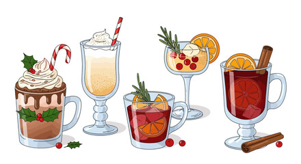 Festive winter drinks in various glasses, decorated with holly, citrus, and spices.