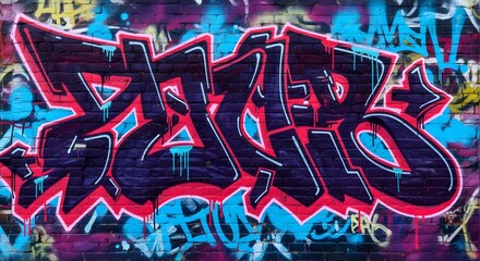 Fototapeta premium Colorful graffiti art on a brick wall featuring black and pink lettering with blue accents