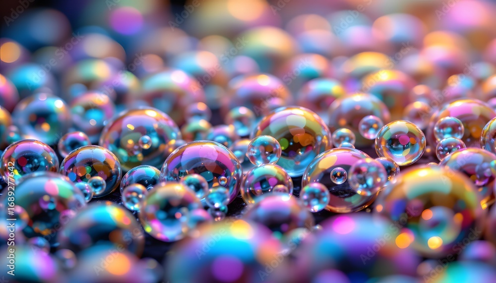 Poster shimmering soap bubbles: an artistic macro shot of iridescent soap bubbles, creating a captivating s