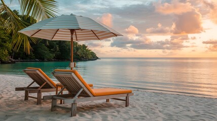 Obraz premium Tropical summer vacation scene with empty beach chairs, a sunbed, and an umbrella on the sand by the water under a clear sky