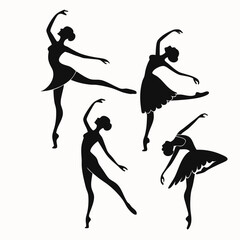 Four elegant black silhouettes of ballerinas in graceful poses showcasing the art of ballet with flowing movements and delicate forms against a clean white background