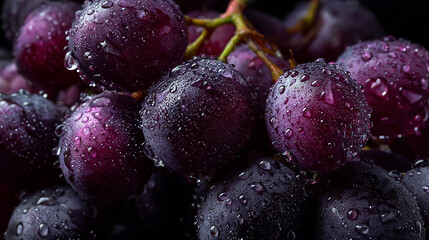 high-resolution close-up of dark purple grapes covered in fresh water droplets, moody dark background