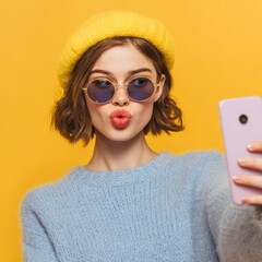 A young woman takes a selfie with a playful expression, sporting a fashionable look. She is wearing a yellow hat, round sunglasses, and a blue sweater