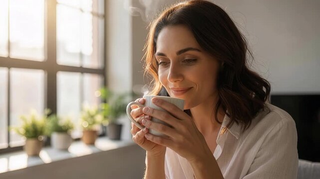 Peaceful woman enjoying morning coffee ritual in bright apartment sanctuary demonstrating mindfulness and contentment during quiet dawn meditation moment with natural lighting