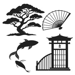 Collection of japanese cultural icons including a bonsai tree a folding fan koi fish and a traditional gate presented as black silhouettes on a white background