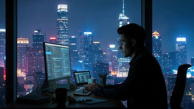 Dedicated professional working late night at computer overlooking illuminated city skyline demonstrating career ambition and determination in modern urban workspace environment