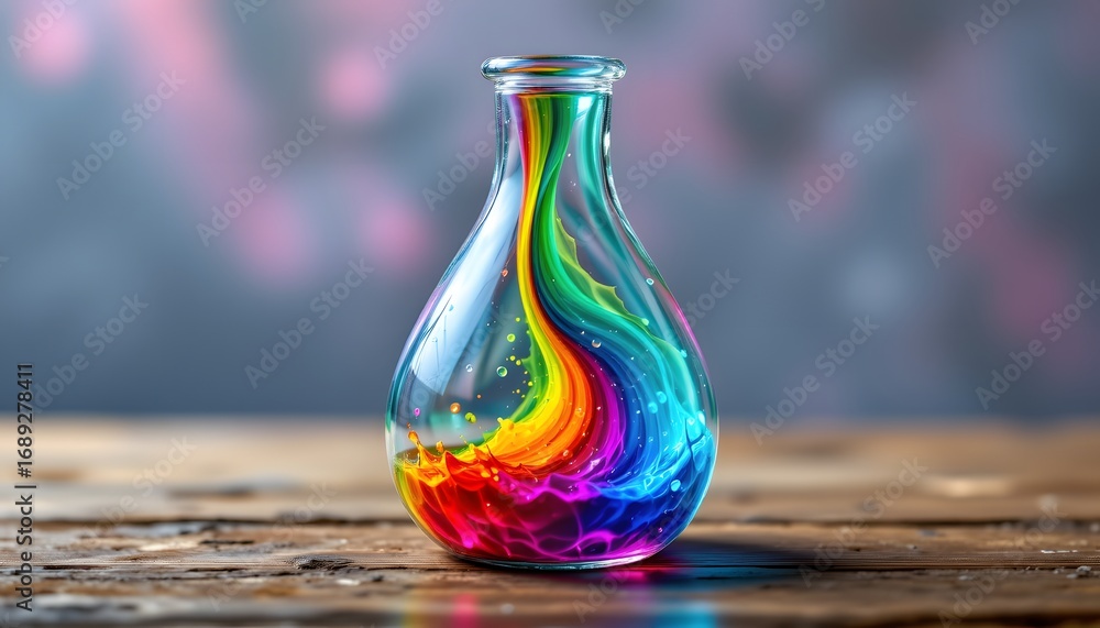 Poster rainbow infusion: a mesmerizing rainbow of colors swirling within a glass flask, creating a vibrant 