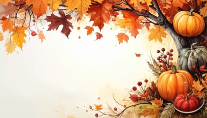 Naklejka premium Fall harvest season is represented by warm tone leaves, pumpkins, and a bounty of nature's offerings