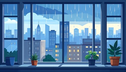 Rainy city view from a windowsill