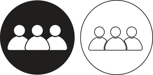 Team People Icon – Solid and Outline Styles for Teamwork and Collaboration,Group of People Vector – Circular Icons for Social and Business Use,Teamwork Symbol – Three Human Silhouettes .