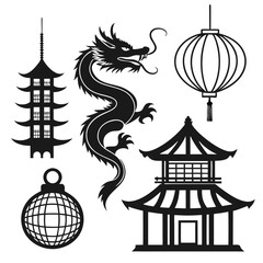 A collection of black silhouette icons featuring a traditional chinese dragon a pagoda a multi tiered temple a hanging lantern and a decorative orb on a white background